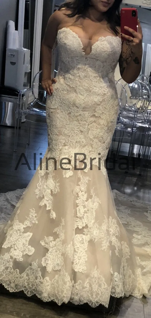 Vintage Strapless Lace Mermaid Train Elegant Wedding Dresses, AB1513