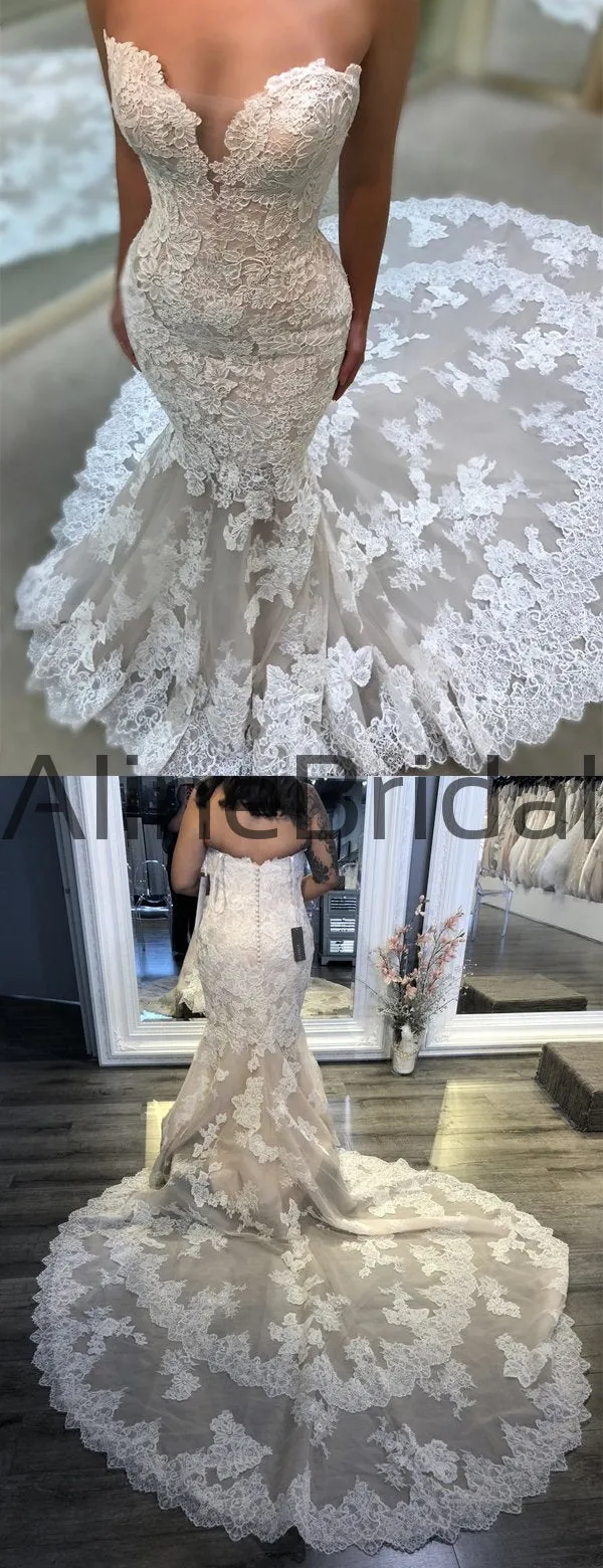 Vintage Strapless Lace Mermaid Train Elegant Wedding Dresses, AB1513