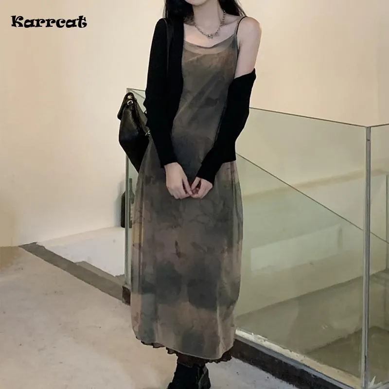 Vintage Tie Dye Print Mesh Spaghetti Strap Midi Dress