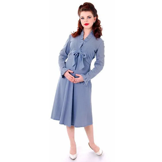 Vintage Wool Dress Gray Blue Early 1940s Small