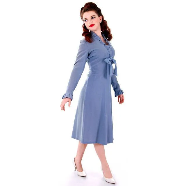 Vintage Wool Dress Gray Blue Early 1940s Small