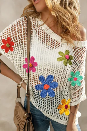 White Big Flower Crochet Loose Sweater T Shirt