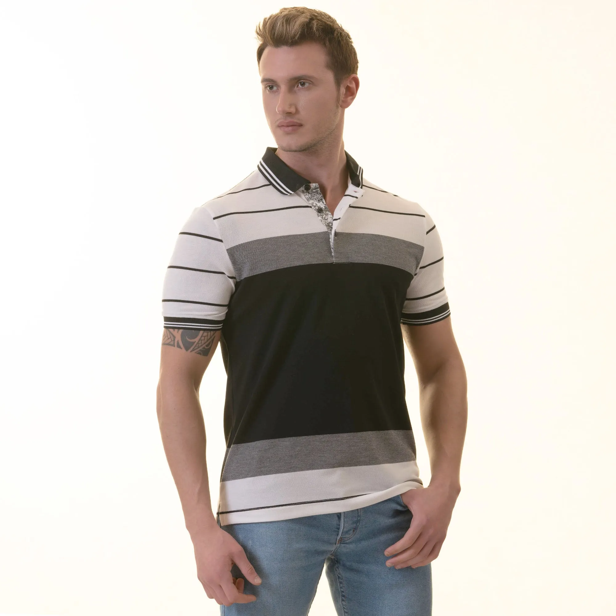 White Black Striped Special Cut Polo Shirt Mens Slim Fit Polo Shirts - 100% Soft Cotton - Tailored Comfortable Fit