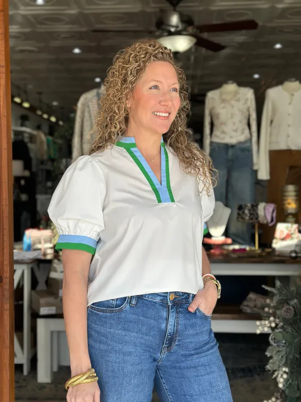 White   Blue & Green Contrast Collar Top