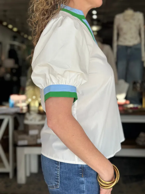 White   Blue & Green Contrast Collar Top