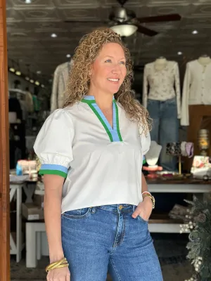 White   Blue & Green Contrast Collar Top