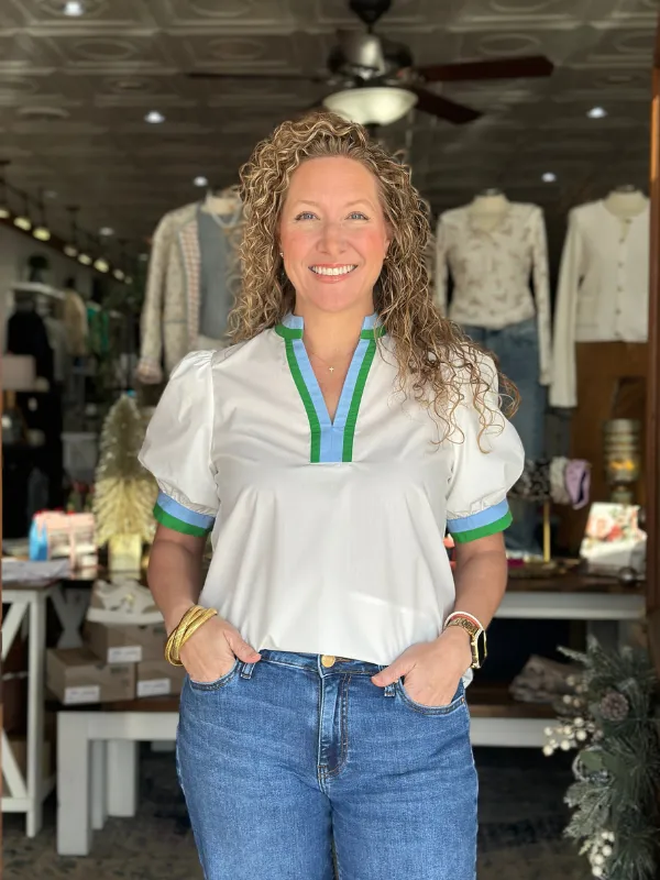 White   Blue & Green Contrast Collar Top