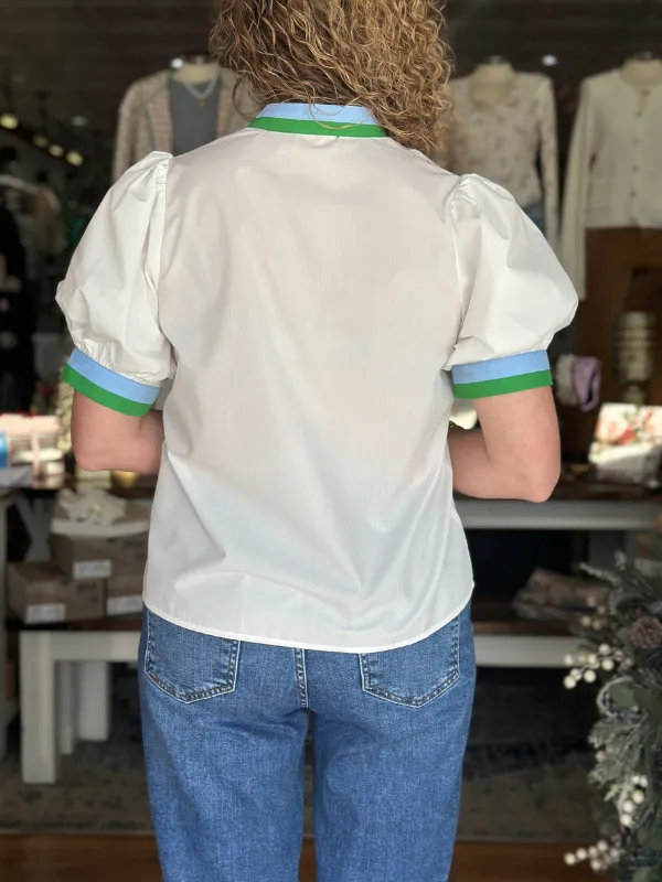 White   Blue & Green Contrast Collar Top