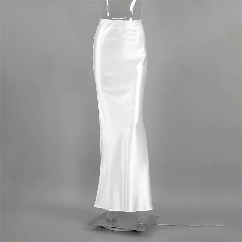 White Satin High Waisted Floor Length Fishtail Skirt