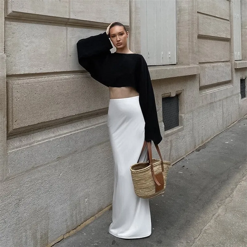 White Satin High Waisted Floor Length Fishtail Skirt