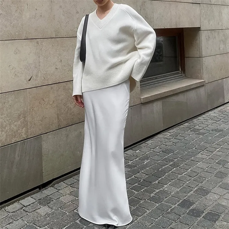 White Satin High Waisted Floor Length Fishtail Skirt