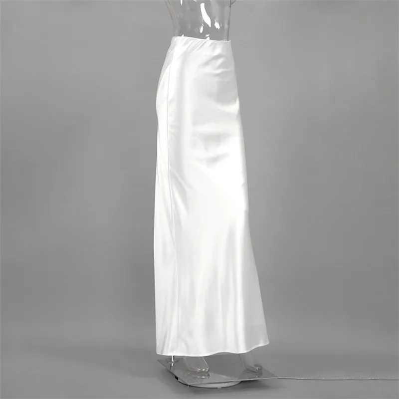 White Satin High Waisted Floor Length Fishtail Skirt