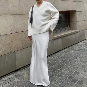 White Satin High Waisted Floor Length Fishtail Skirt
