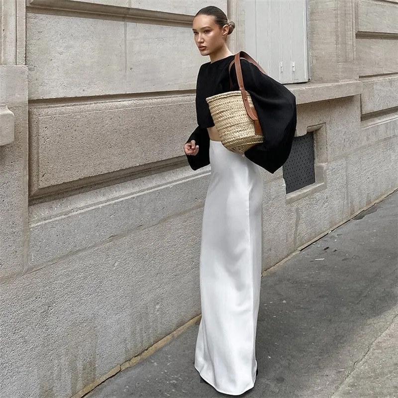 White Satin High Waisted Floor Length Fishtail Skirt