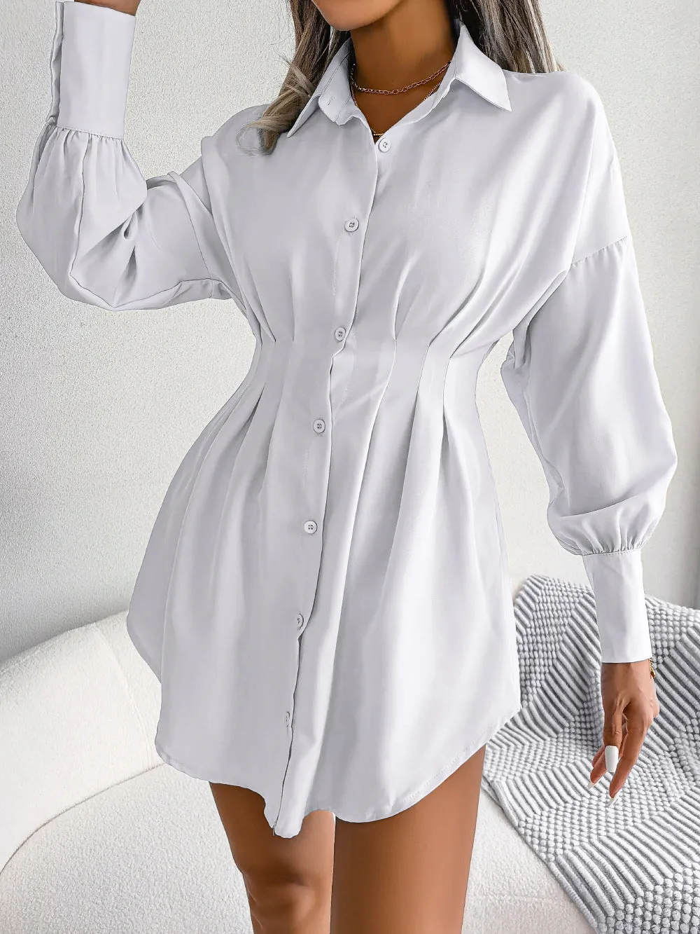 White Sinched Waist Shirt Dress