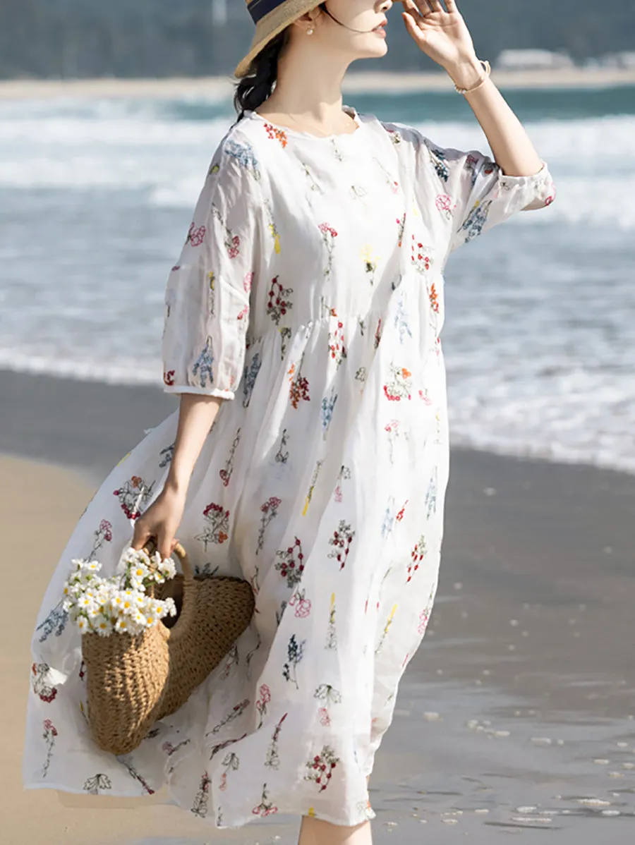 Women Artsy Summer Flower Embroidery 100%Ramie Dress