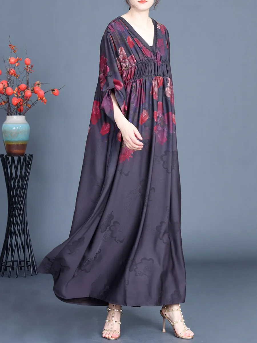 Women Spring Flower V-Neck Shirred Maxi Dress