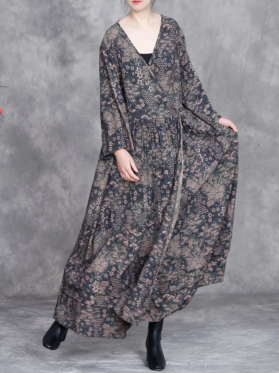 Women Spring Vintage Flower Strap V-Neck Dress