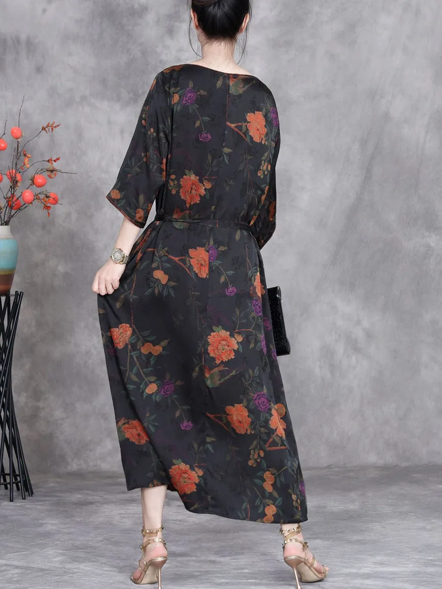 Women Summer Artsy Flower O-Neck Maxi Dress