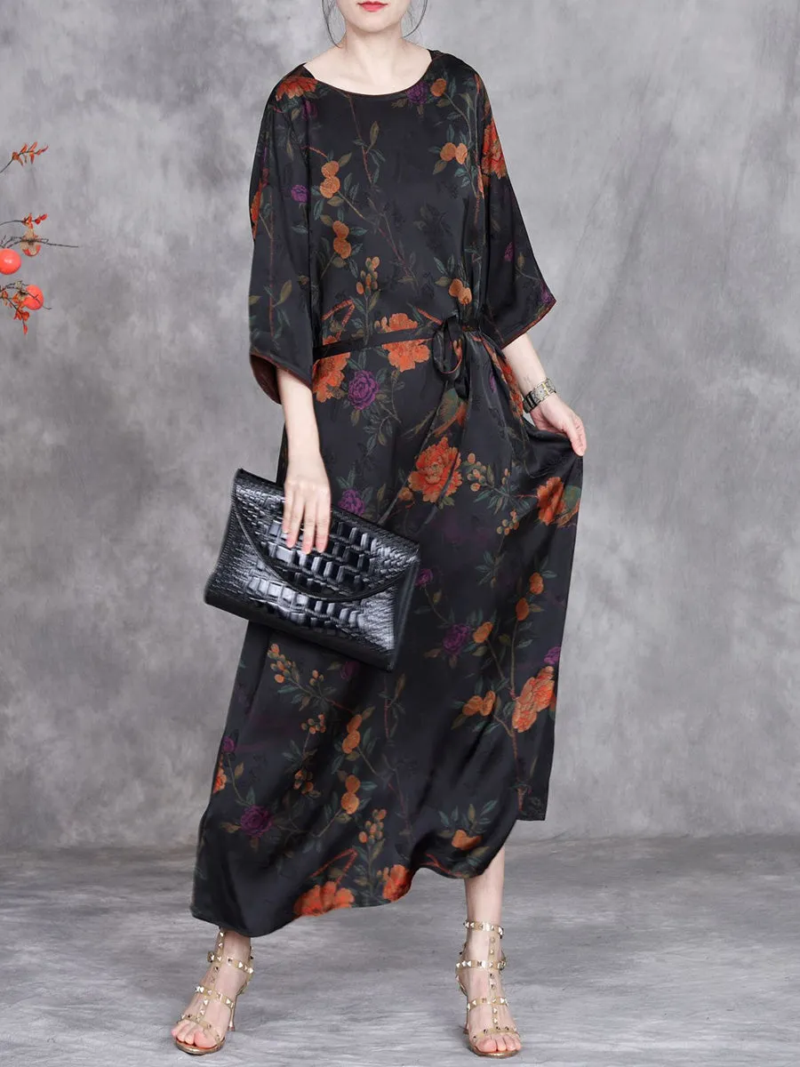 Women Summer Artsy Flower O-Neck Maxi Dress