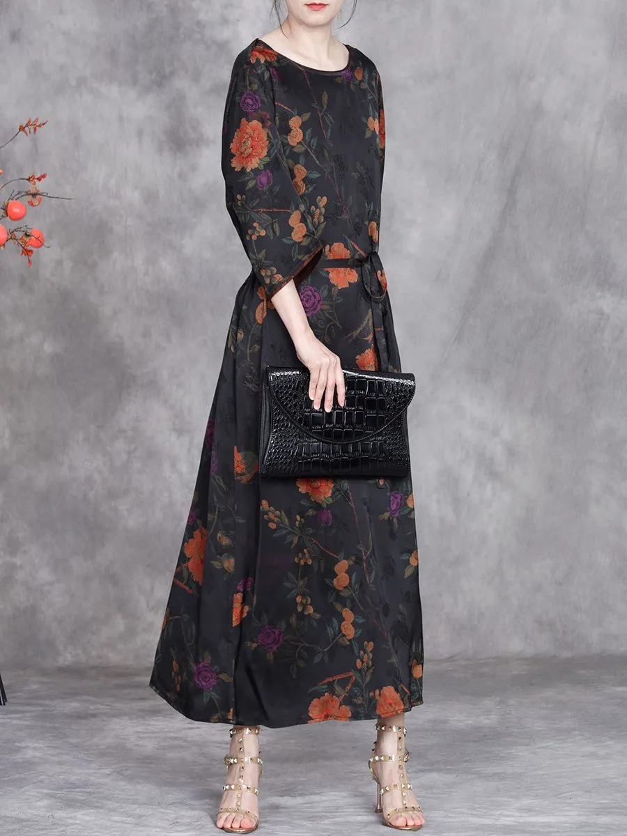 Women Summer Artsy Flower O-Neck Maxi Dress