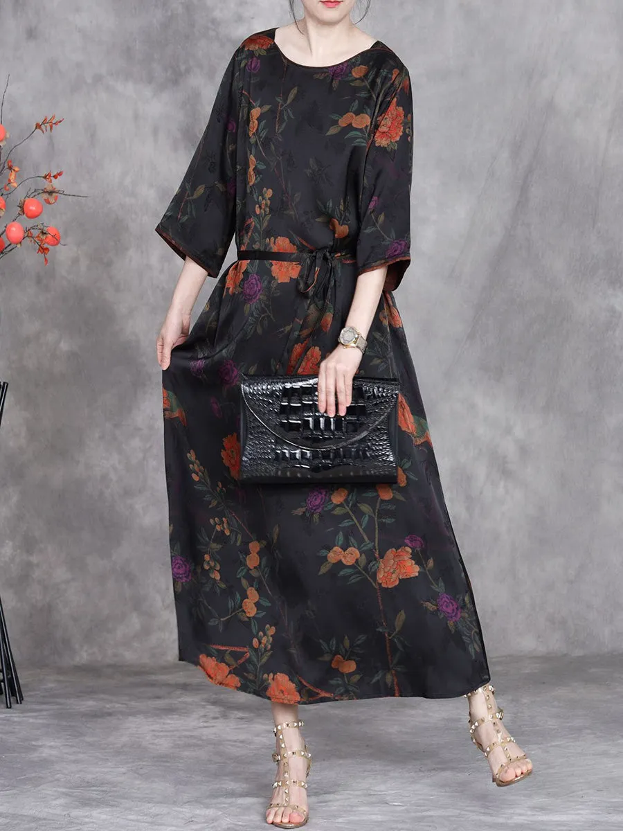 Women Summer Artsy Flower O-Neck Maxi Dress