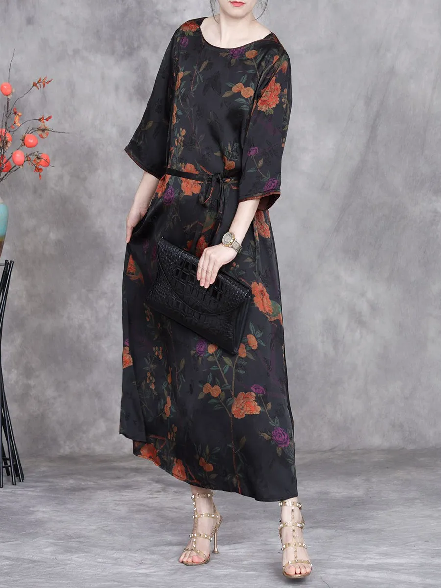 Women Summer Artsy Flower O-Neck Maxi Dress