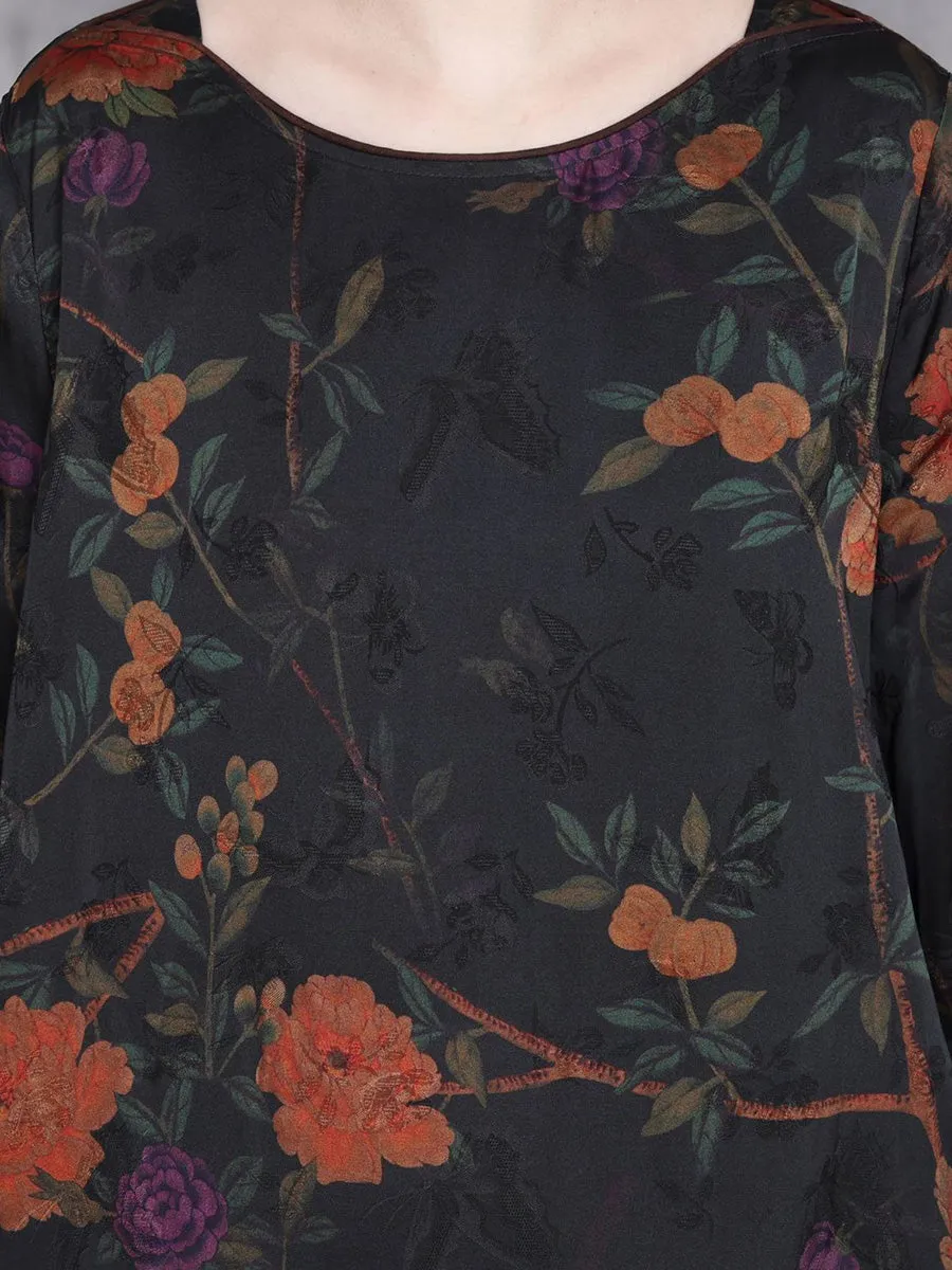 Women Summer Artsy Flower O-Neck Maxi Dress