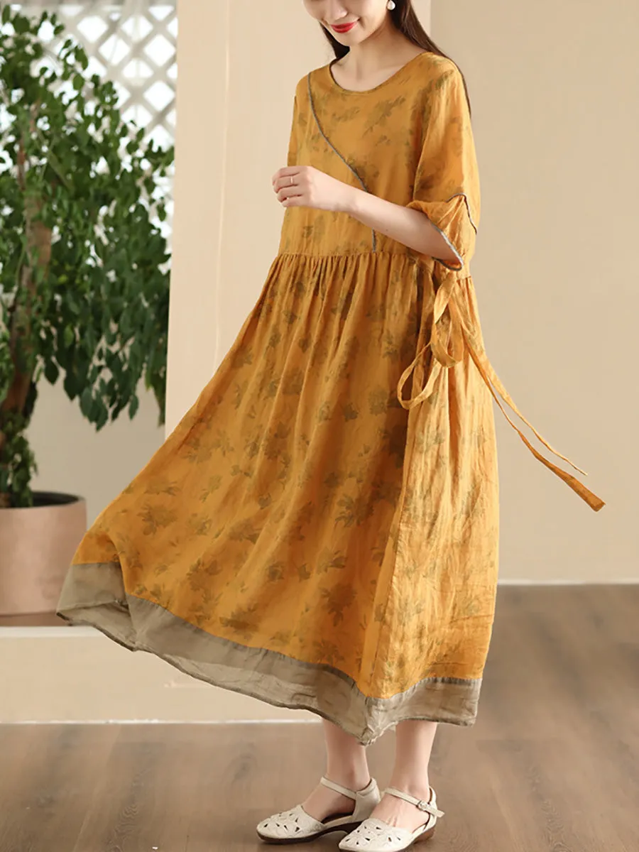 Women Summer Vintage Flower Spliced Strap Ramie Dress