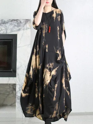 Women Summer Vintage Print O-Neck Silk Loose Dress