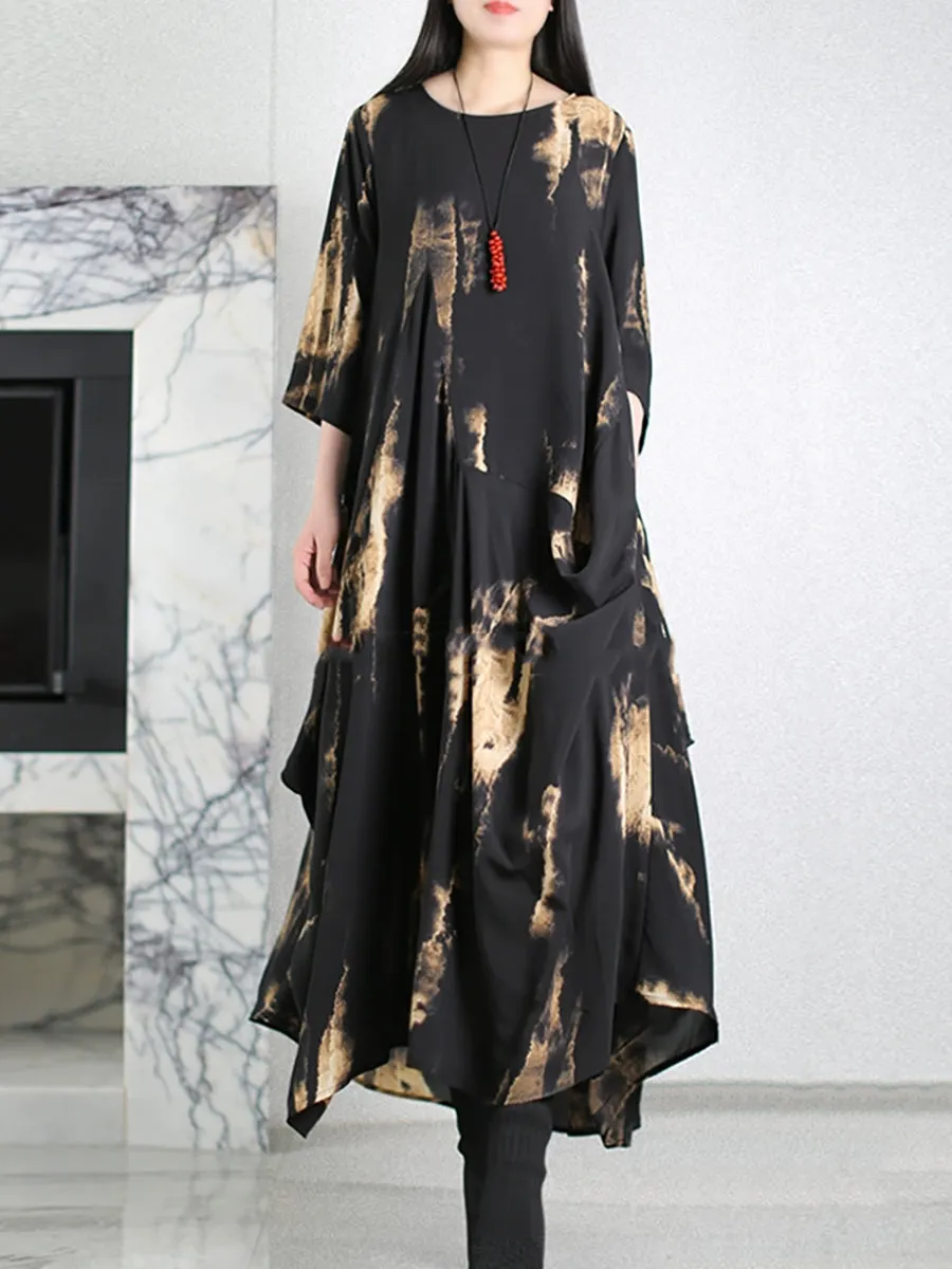 Women Summer Vintage Print O-Neck Silk Loose Dress