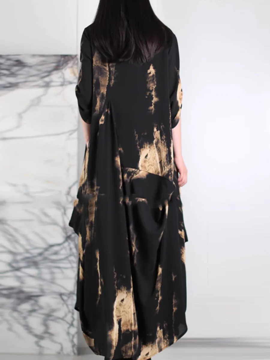 Women Summer Vintage Print O-Neck Silk Loose Dress