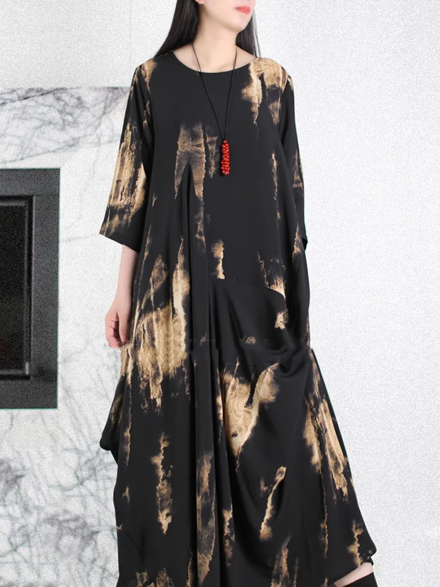 Women Summer Vintage Print O-Neck Silk Loose Dress