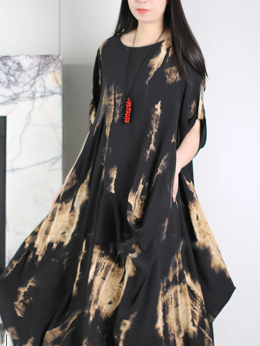 Women Summer Vintage Print O-Neck Silk Loose Dress