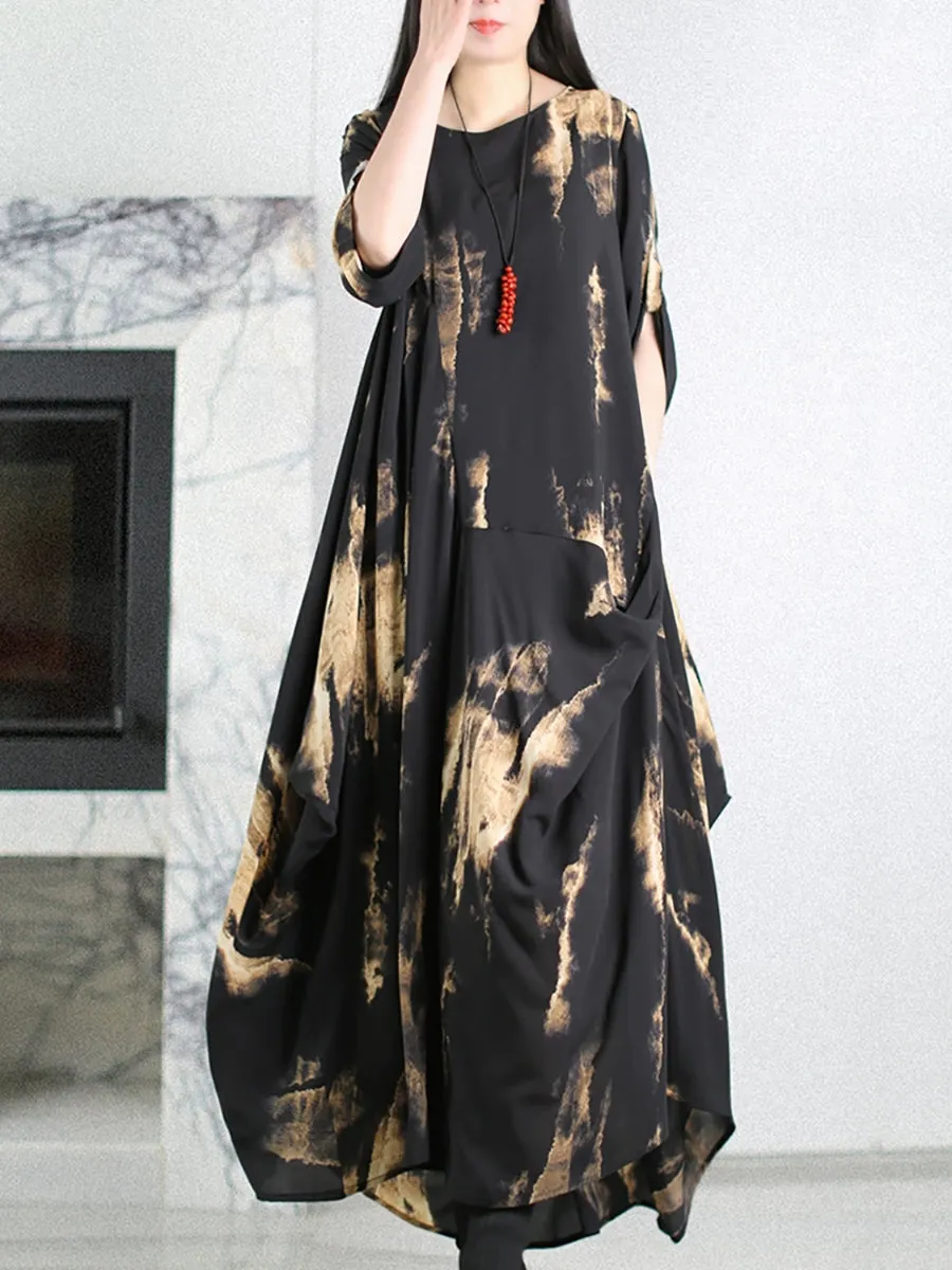 Women Summer Vintage Print O-Neck Silk Loose Dress