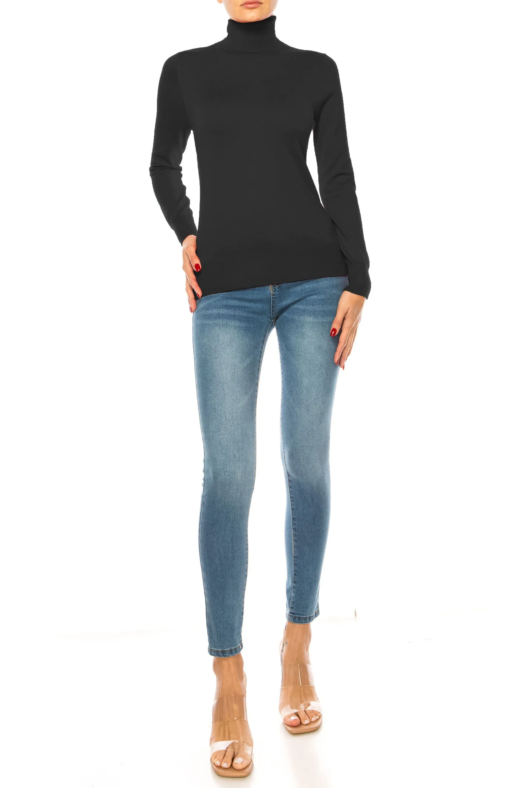 Women's Long Sleeve Turtleneck Semi Fitted Knitted Pullover Sweater Tops