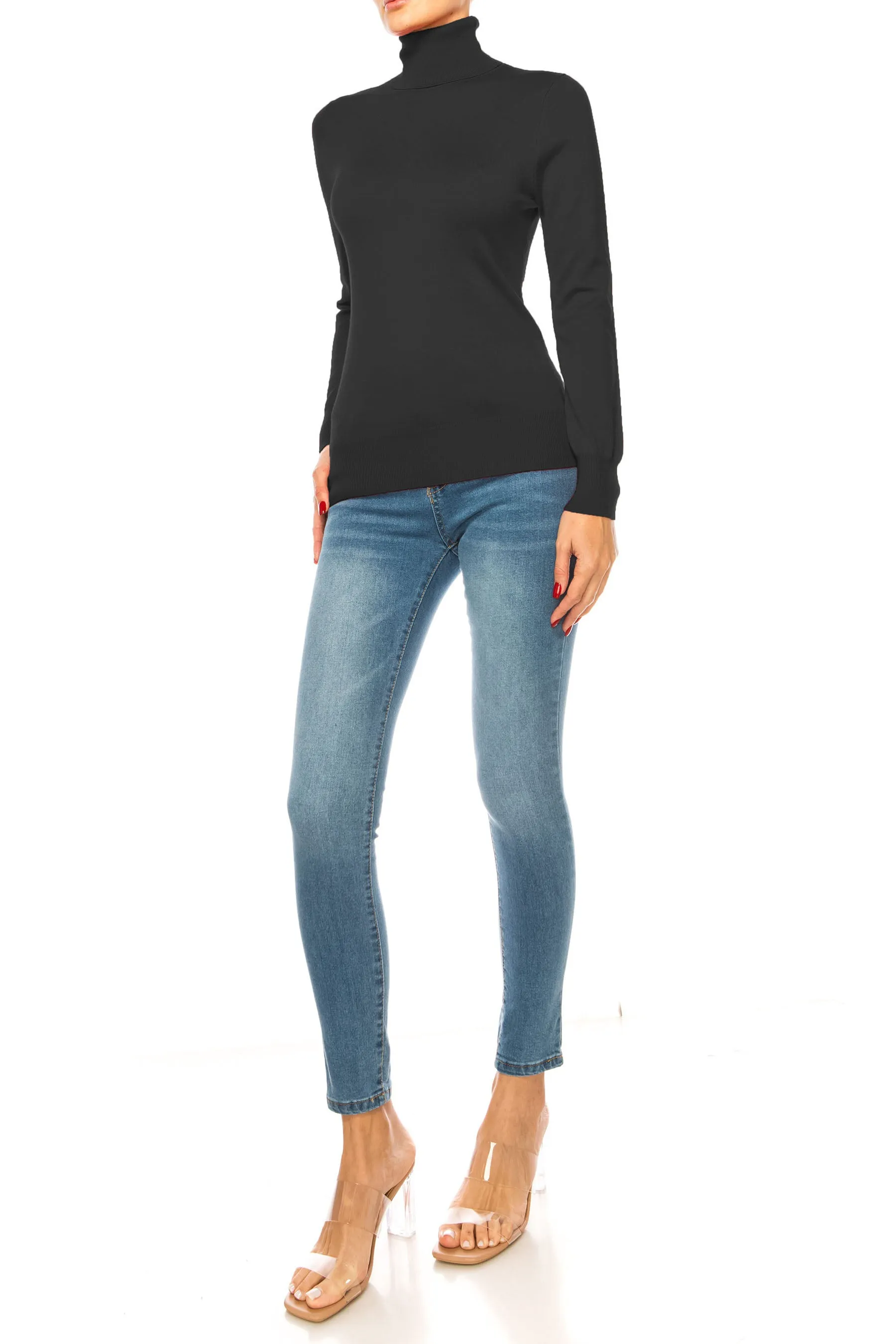 Women's Long Sleeve Turtleneck Semi Fitted Knitted Pullover Sweater Tops