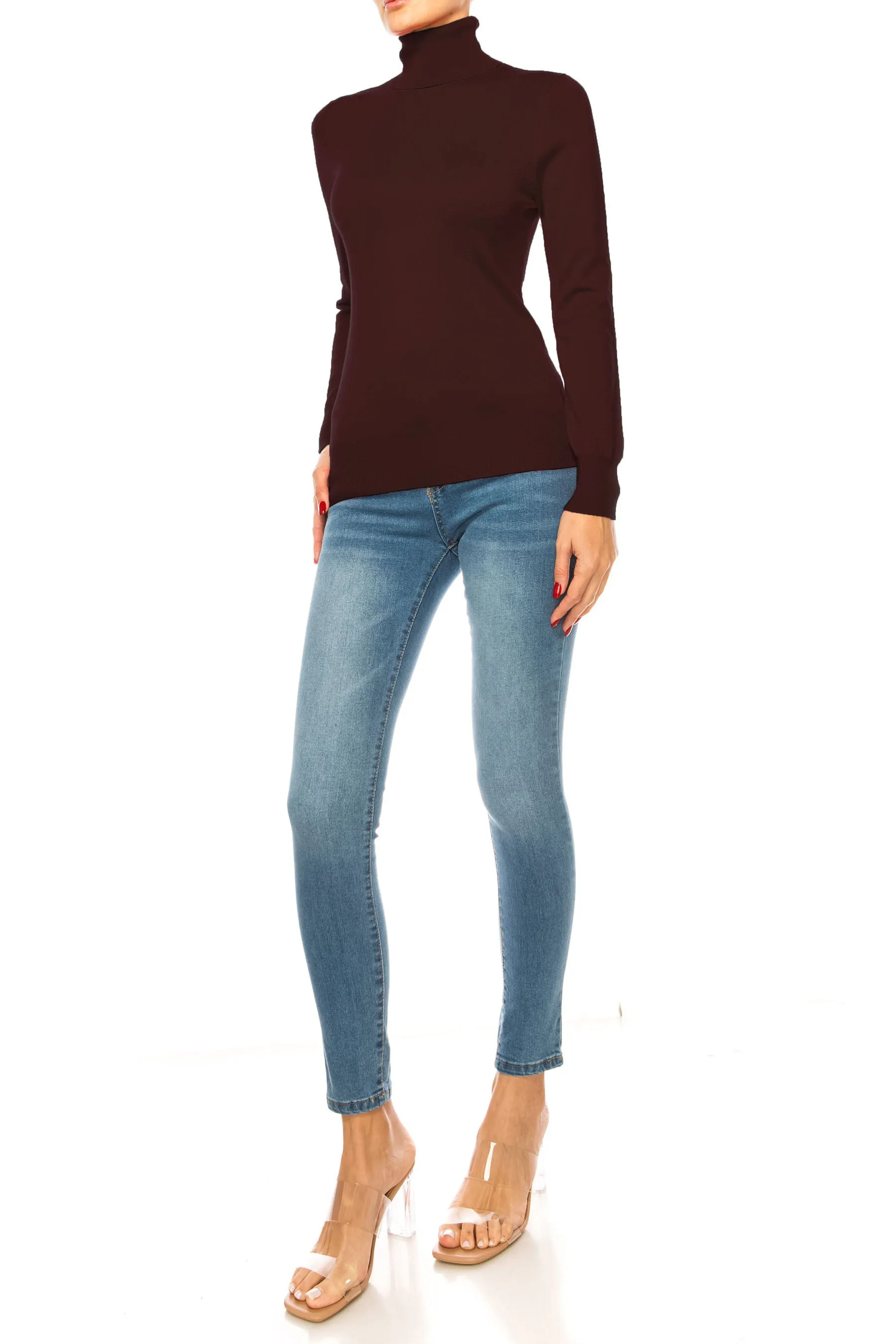 Women's Long Sleeve Turtleneck Semi Fitted Knitted Pullover Sweater Tops