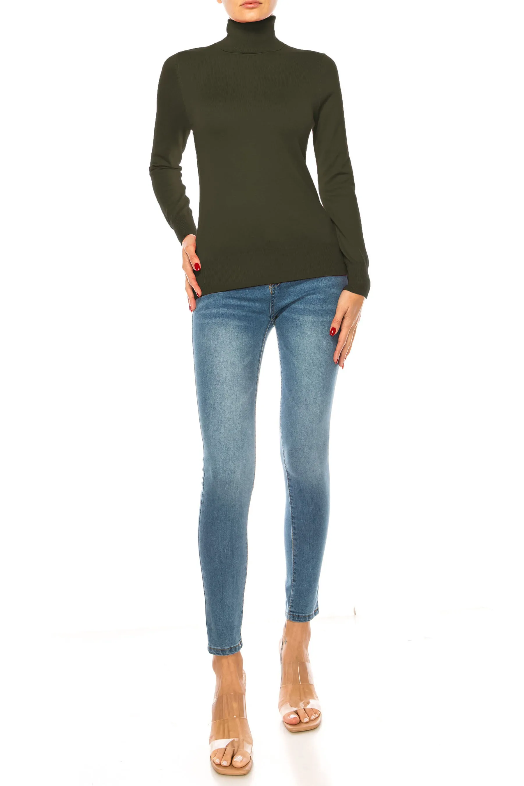 Women's Long Sleeve Turtleneck Semi Fitted Knitted Pullover Sweater Tops