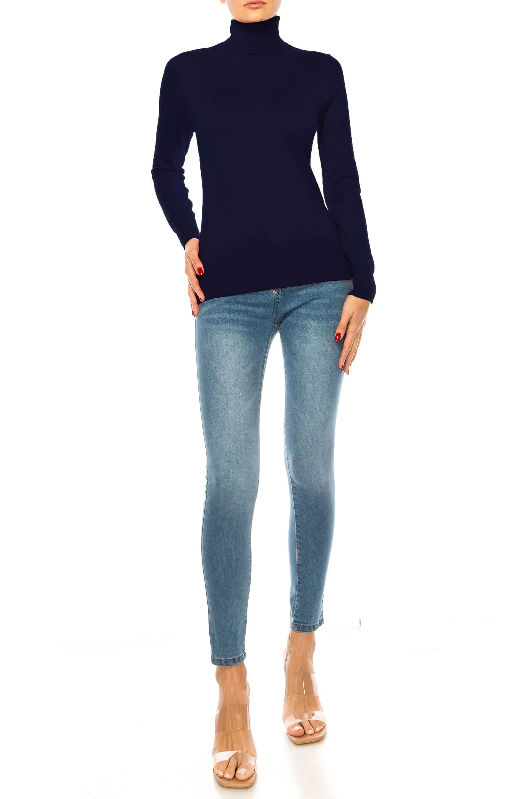 Women's Long Sleeve Turtleneck Semi Fitted Knitted Pullover Sweater Tops