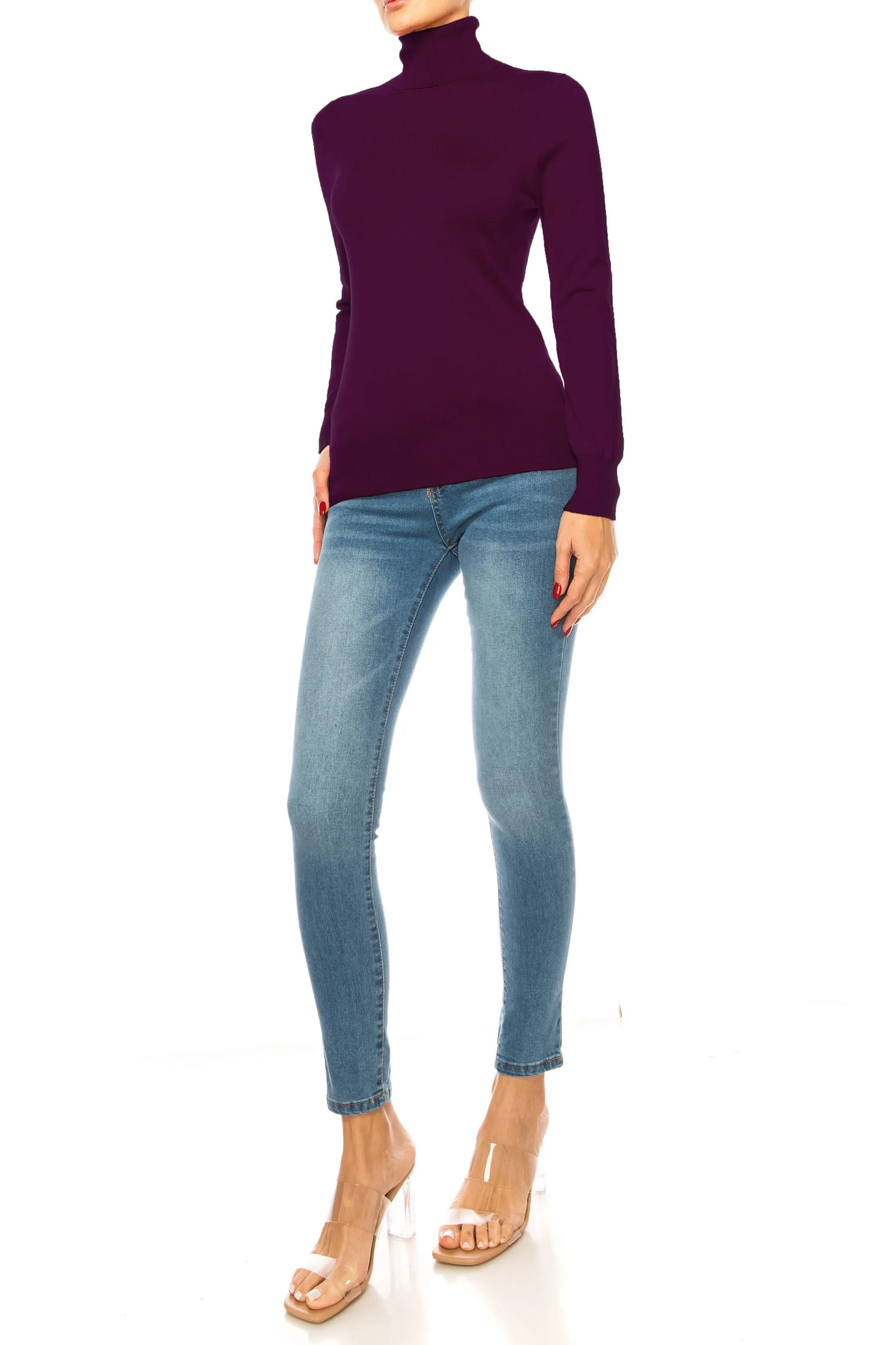 Women's Long Sleeve Turtleneck Semi Fitted Knitted Pullover Sweater Tops