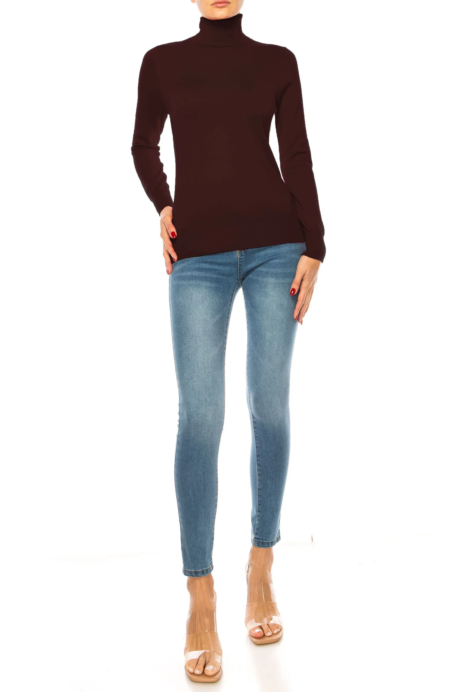 Women's Long Sleeve Turtleneck Semi Fitted Knitted Pullover Sweater Tops