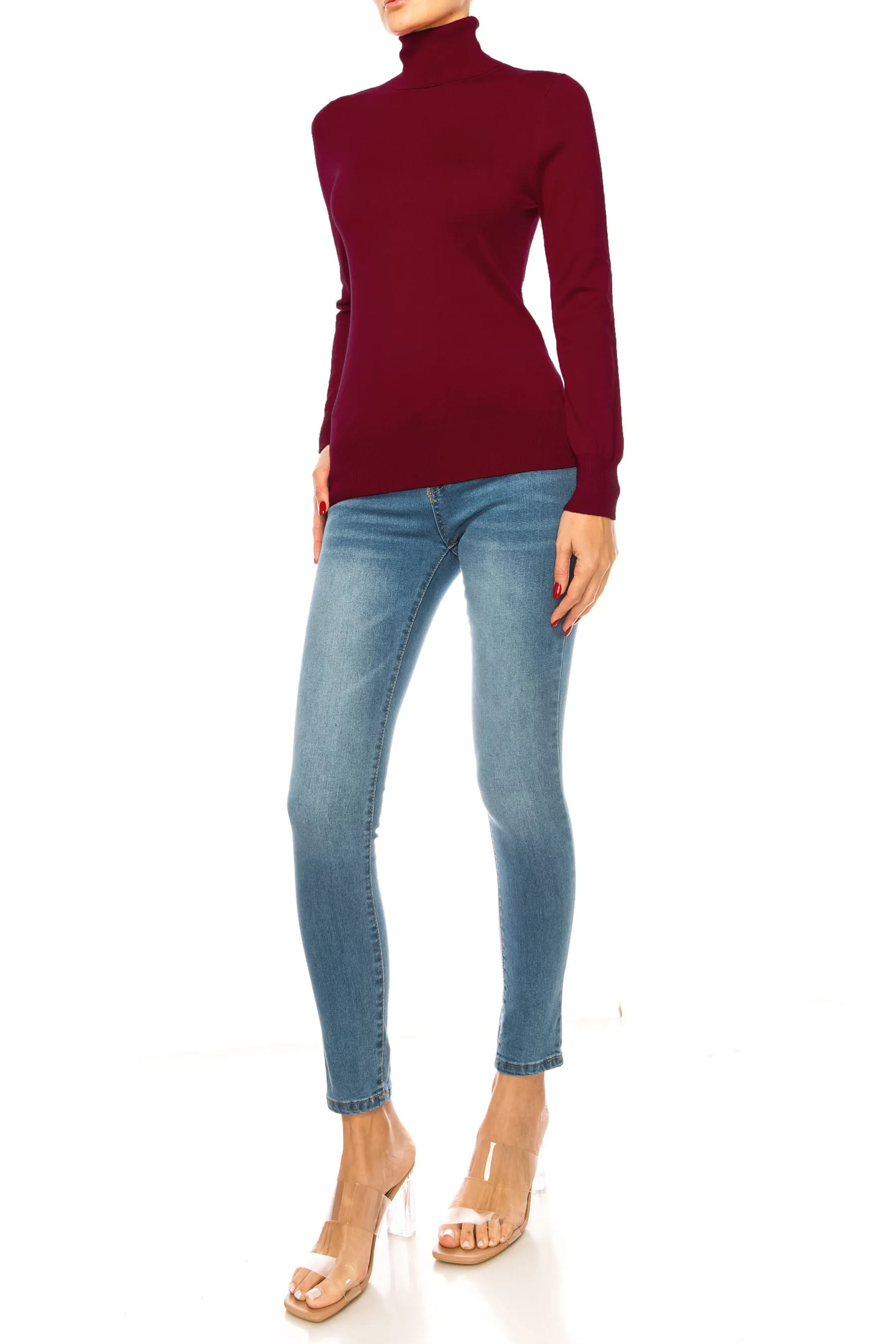 Women's Long Sleeve Turtleneck Semi Fitted Knitted Pullover Sweater Tops