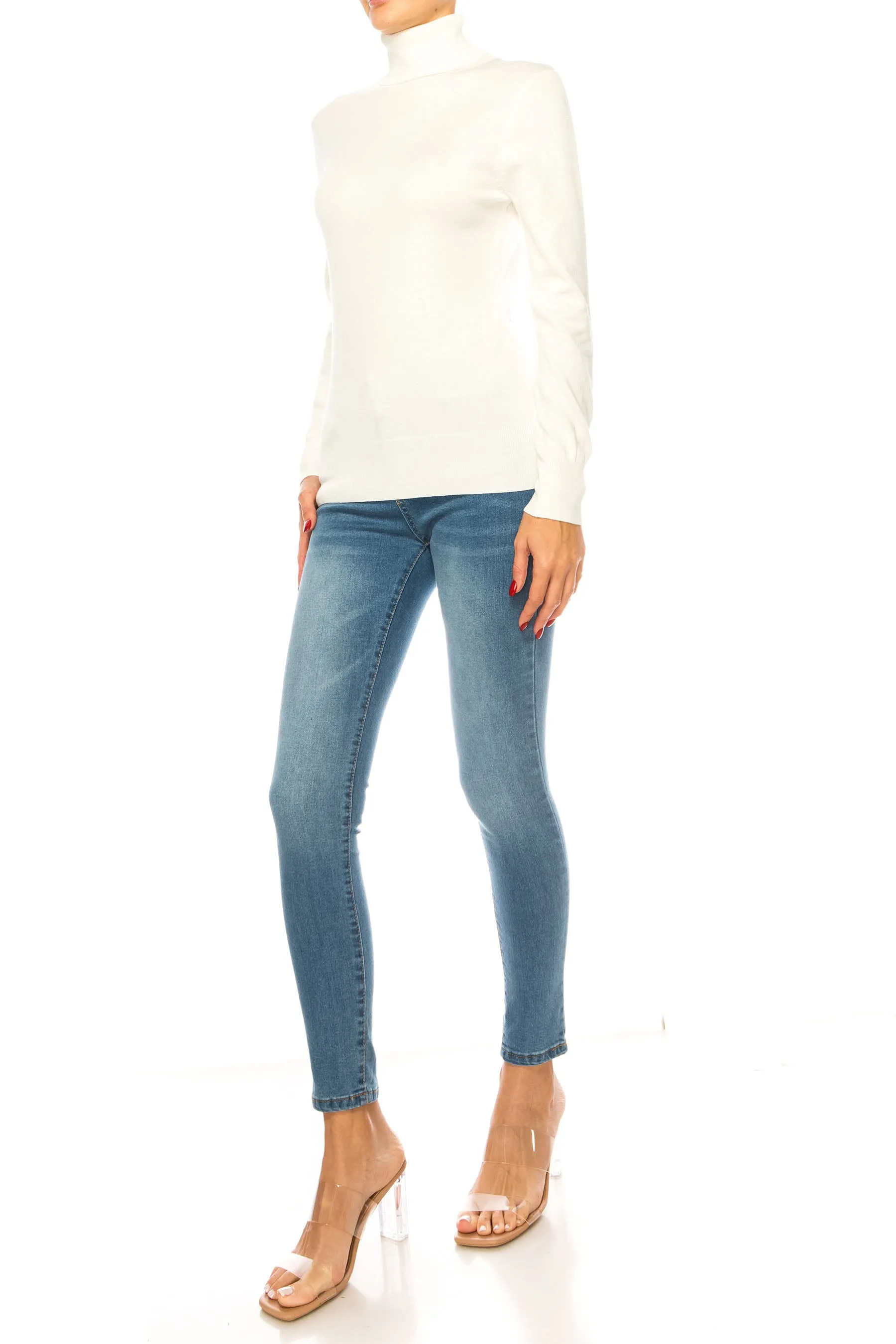 Women's Long Sleeve Turtleneck Semi Fitted Knitted Pullover Sweater Tops
