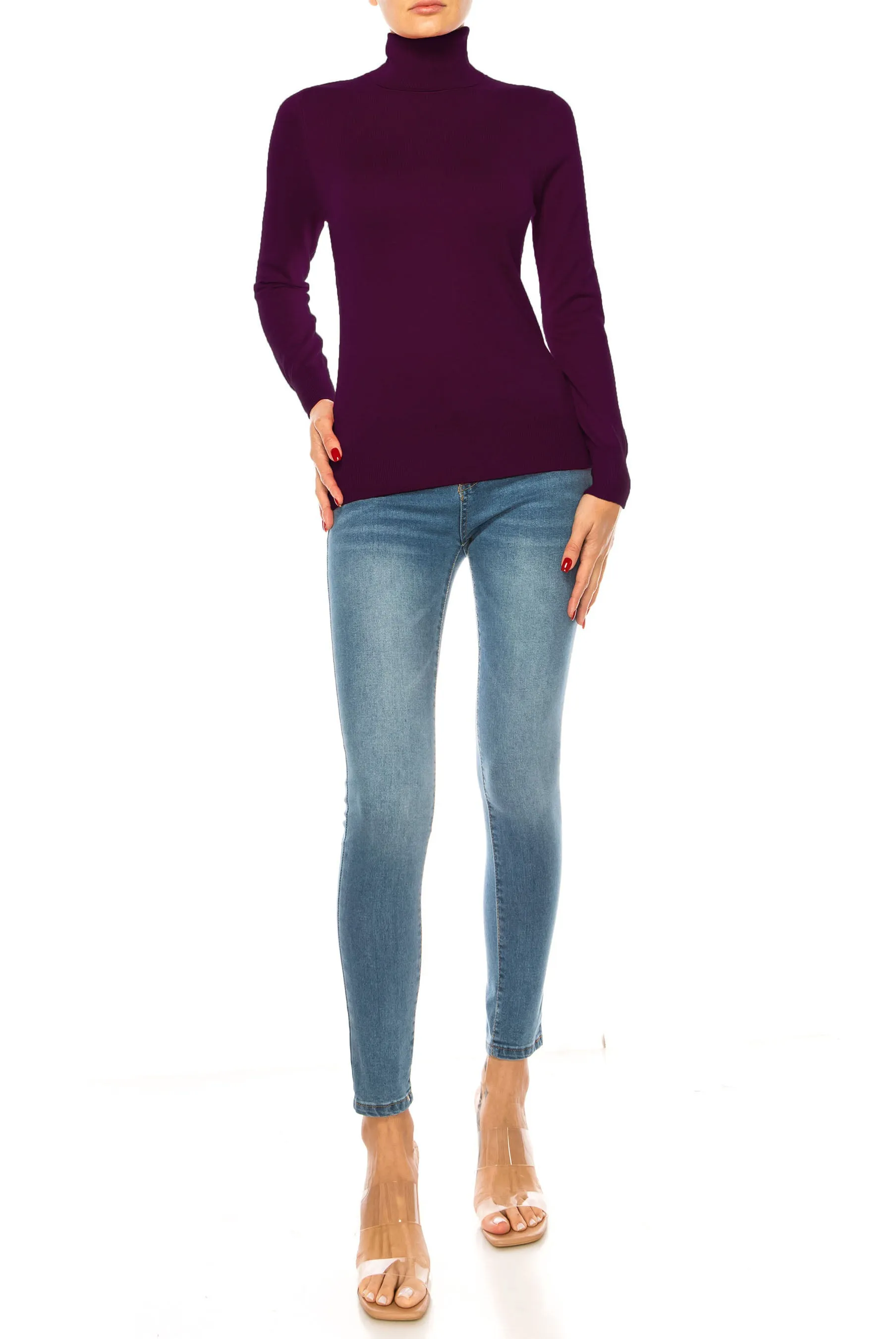 Women's Long Sleeve Turtleneck Semi Fitted Knitted Pullover Sweater Tops