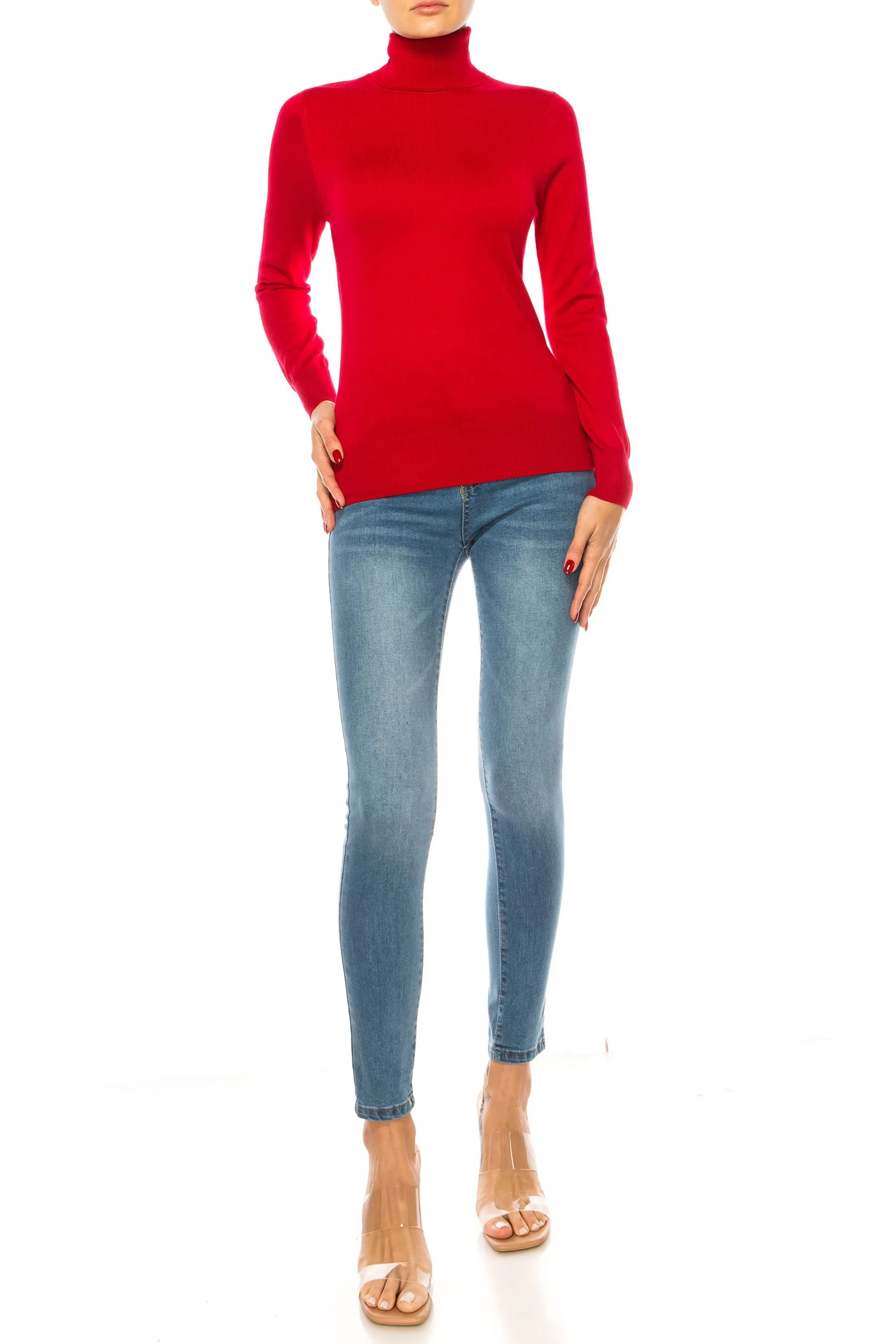 Women's Long Sleeve Turtleneck Semi Fitted Knitted Pullover Sweater Tops