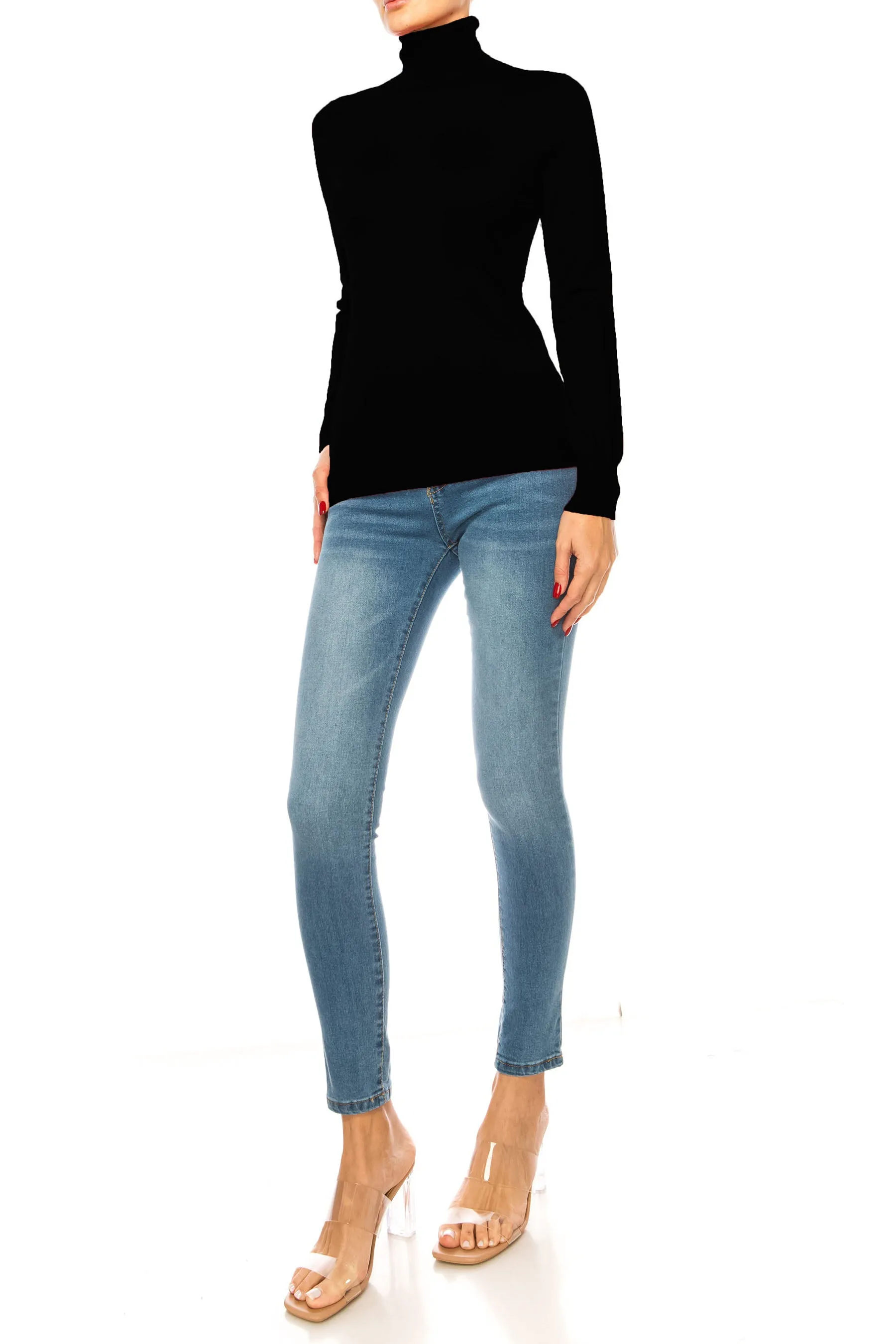 Women's Long Sleeve Turtleneck Semi Fitted Knitted Pullover Sweater Tops