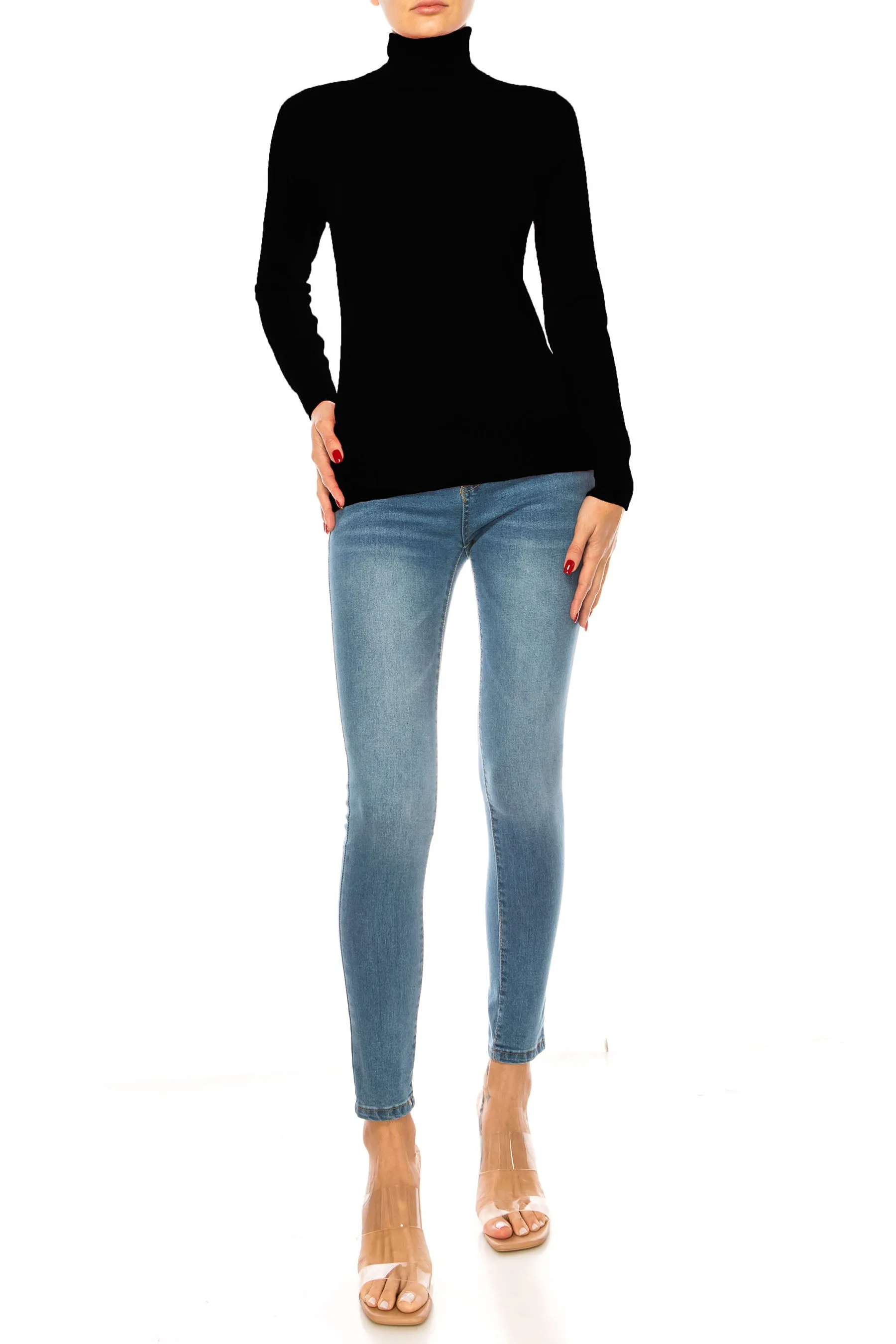 Women's Long Sleeve Turtleneck Semi Fitted Knitted Pullover Sweater Tops