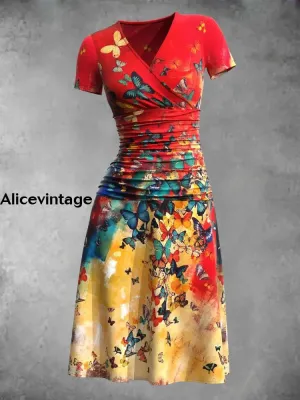 Women's Retro Butterfly Art Print Short Sleeve Midi Dress