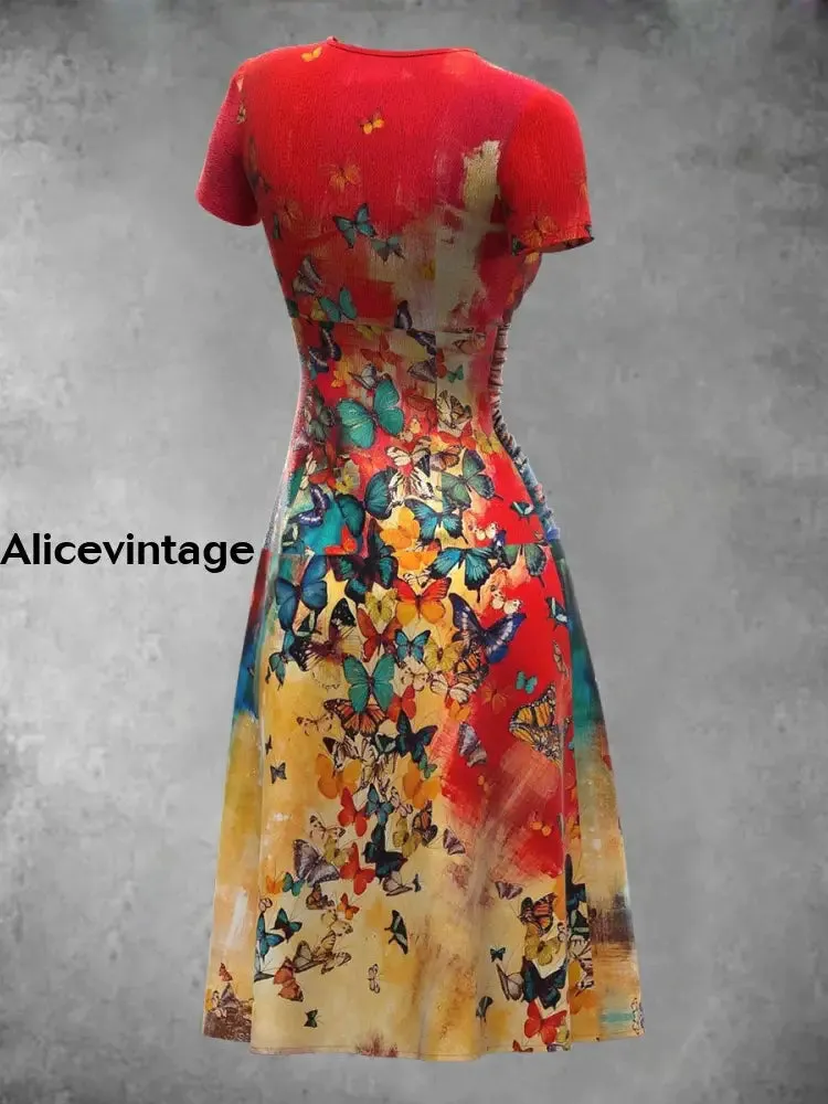 Women's Retro Butterfly Art Print Short Sleeve Midi Dress